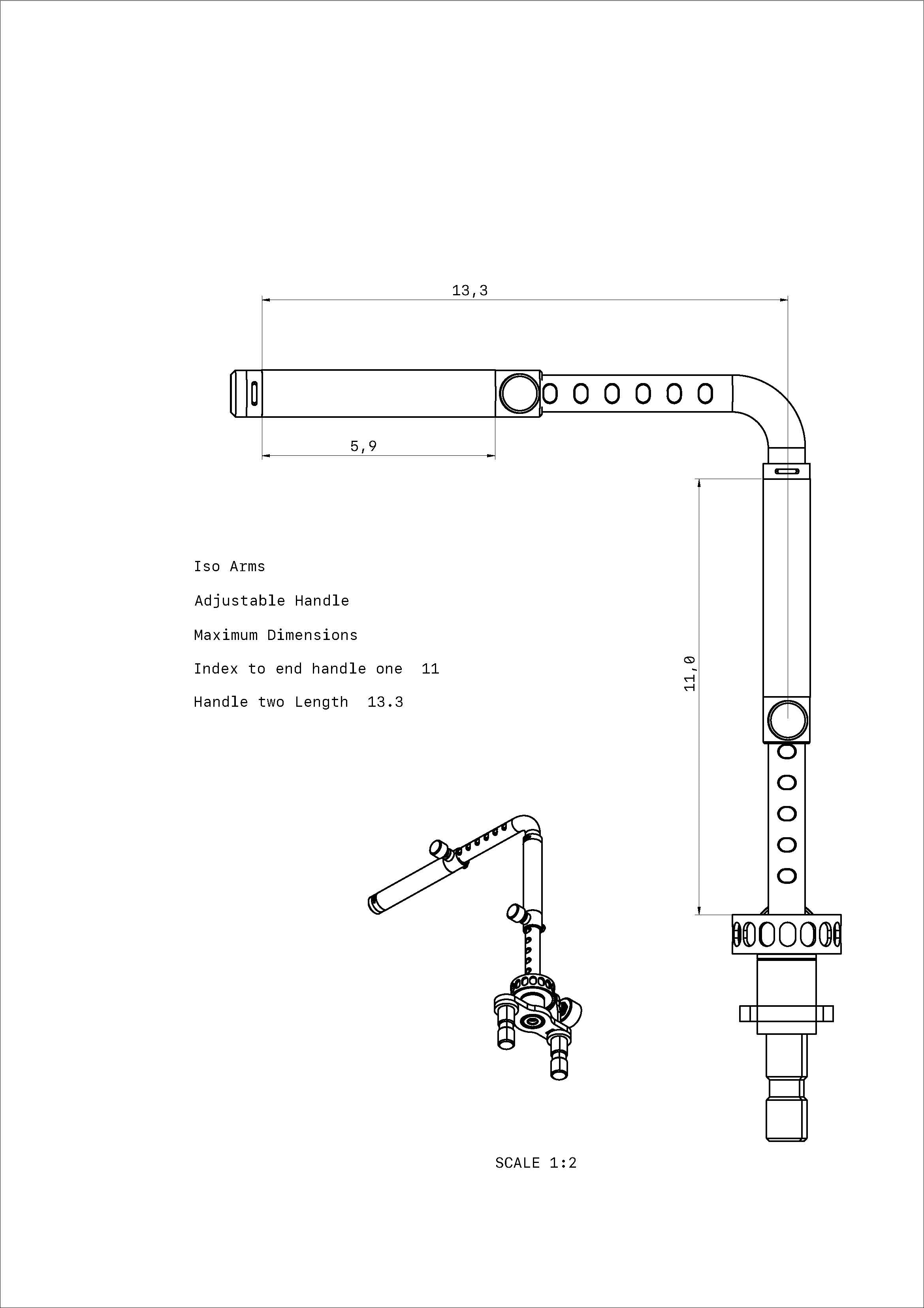 Adjustable handle at maximum dimensions